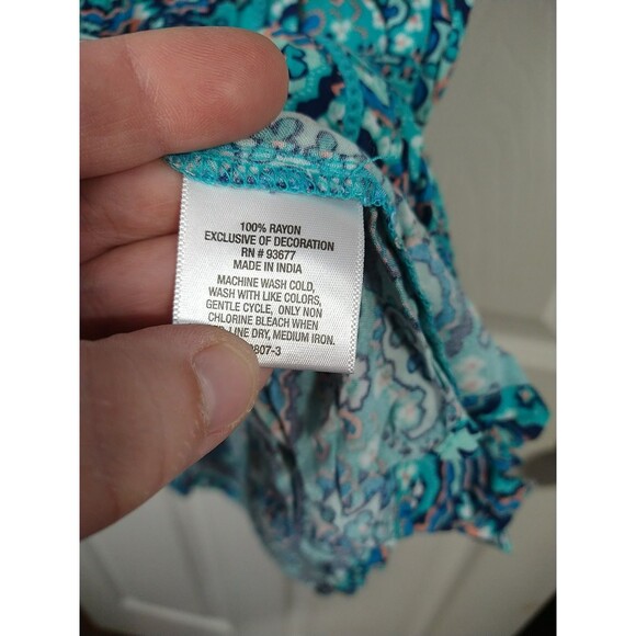 St Johns Bay Woman Pm Blouse Aqua Paisley Pleated Pullover Cap S/S - Picture 6 of 8